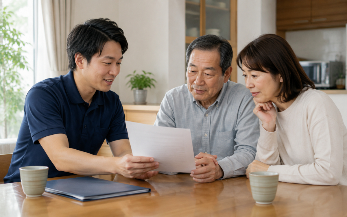 介護タクシーの保険証券を確認する乗務員と利用者家族