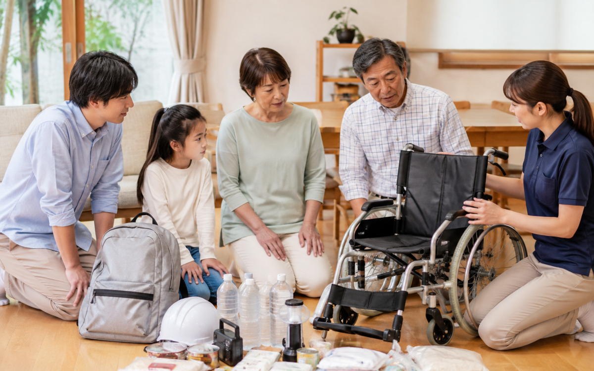 災害時の避難を想定し、車椅子の高齢者と防災用品を確認する家族と支援者