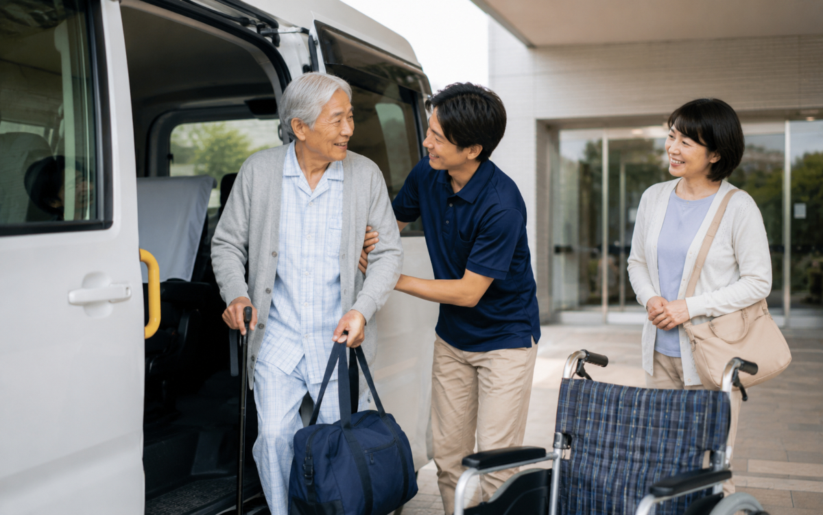 退院日に病院の玄関で荷物とともに介護タクシーに乗り込む準備をする高齢者と家族