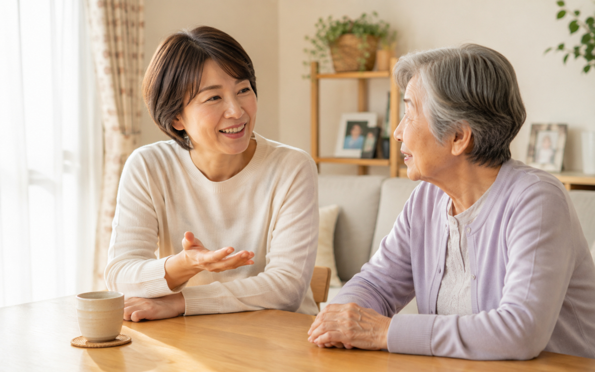 高齢の親と、介護タクシー利用について優しく話し合う家族の様子