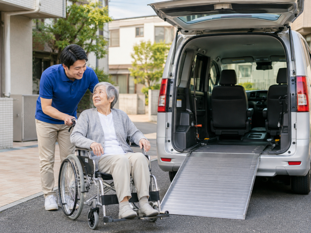 車椅子の利用者を介助する介護タクシーの乗務員