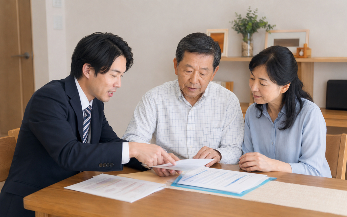 介護保険の書類を確認しながら説明するケアマネジャーと家族