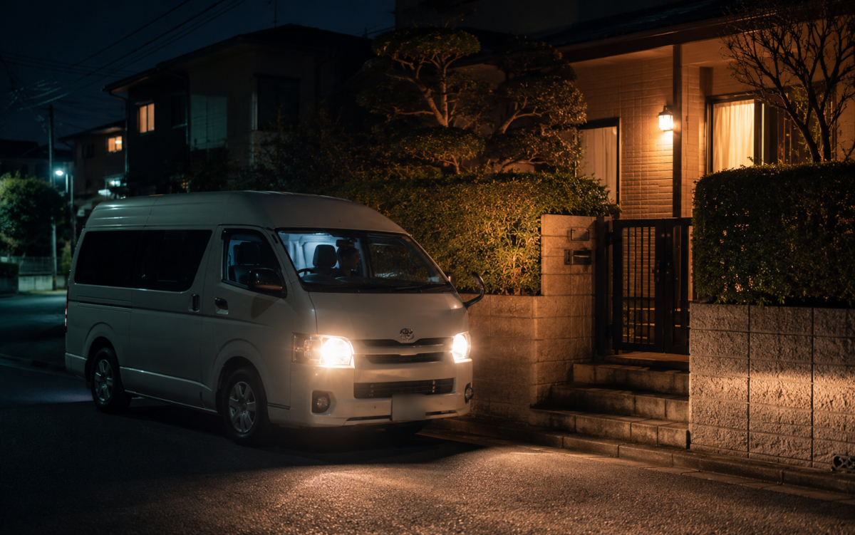 夜間に自宅前で待機する介護タクシーのヘッドライトと乗務員のシルエット