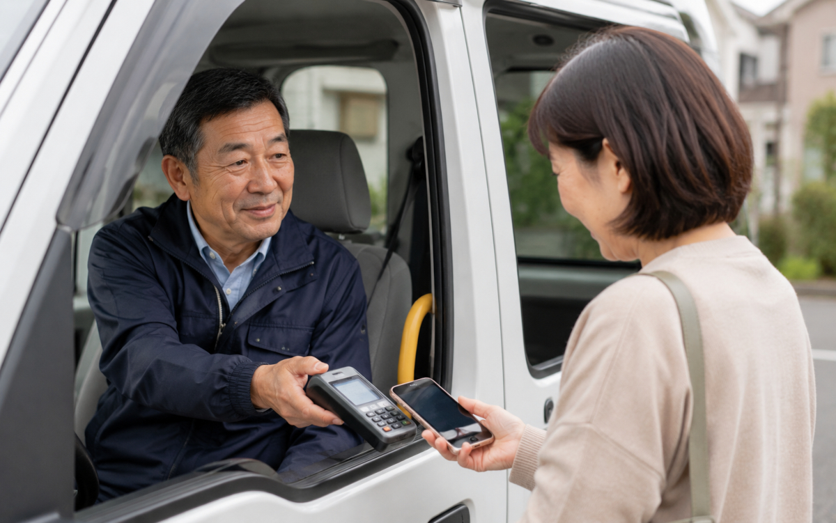介護タクシーの車内でキャッシュレス決済端末を提示する乗務員