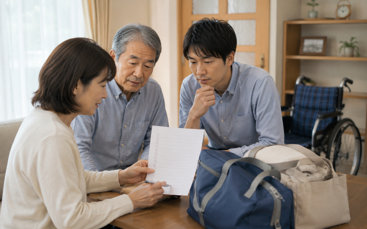 介護タクシー利用前にチェックリストを確認する家族の手元