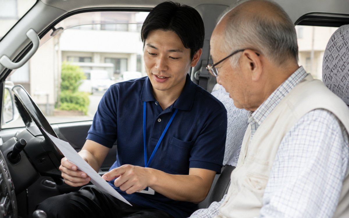 介護タクシーの料金体系を説明する乗務員と利用者