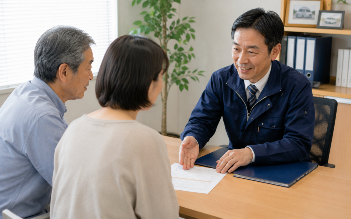 介護タクシー事業者と定期契約について話し合う担当者と家族