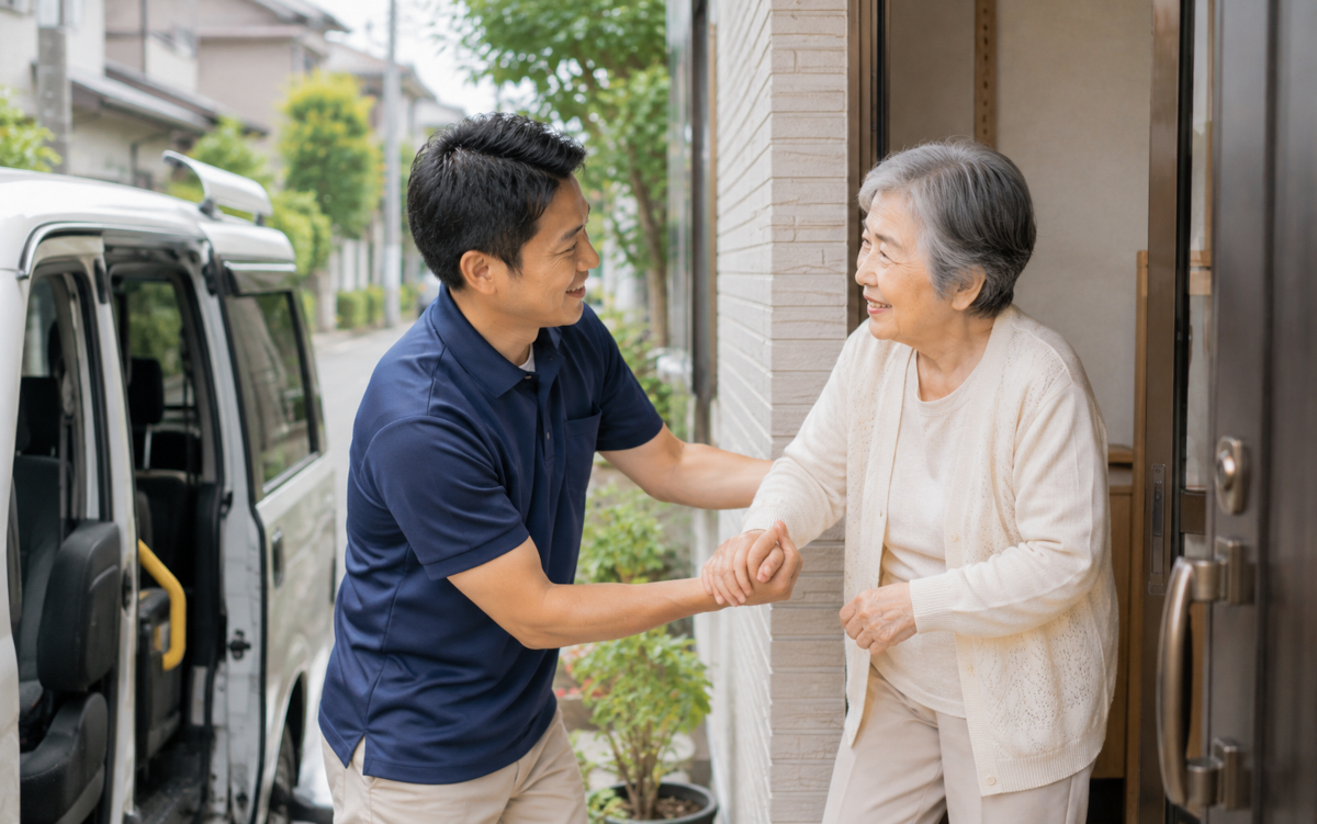 一人暮らしの高齢者を玄関先でサポートする介護タクシーの乗務員