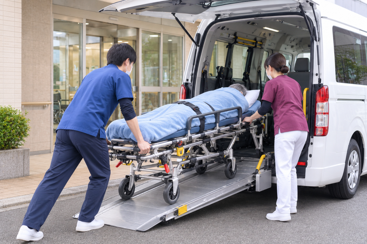 ストレッチャーに横たわった利用者を専用車両に乗せる様子