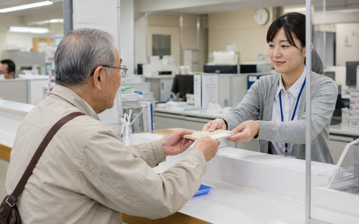 自治体窓口で福祉タクシー利用券を受け取る高齢者