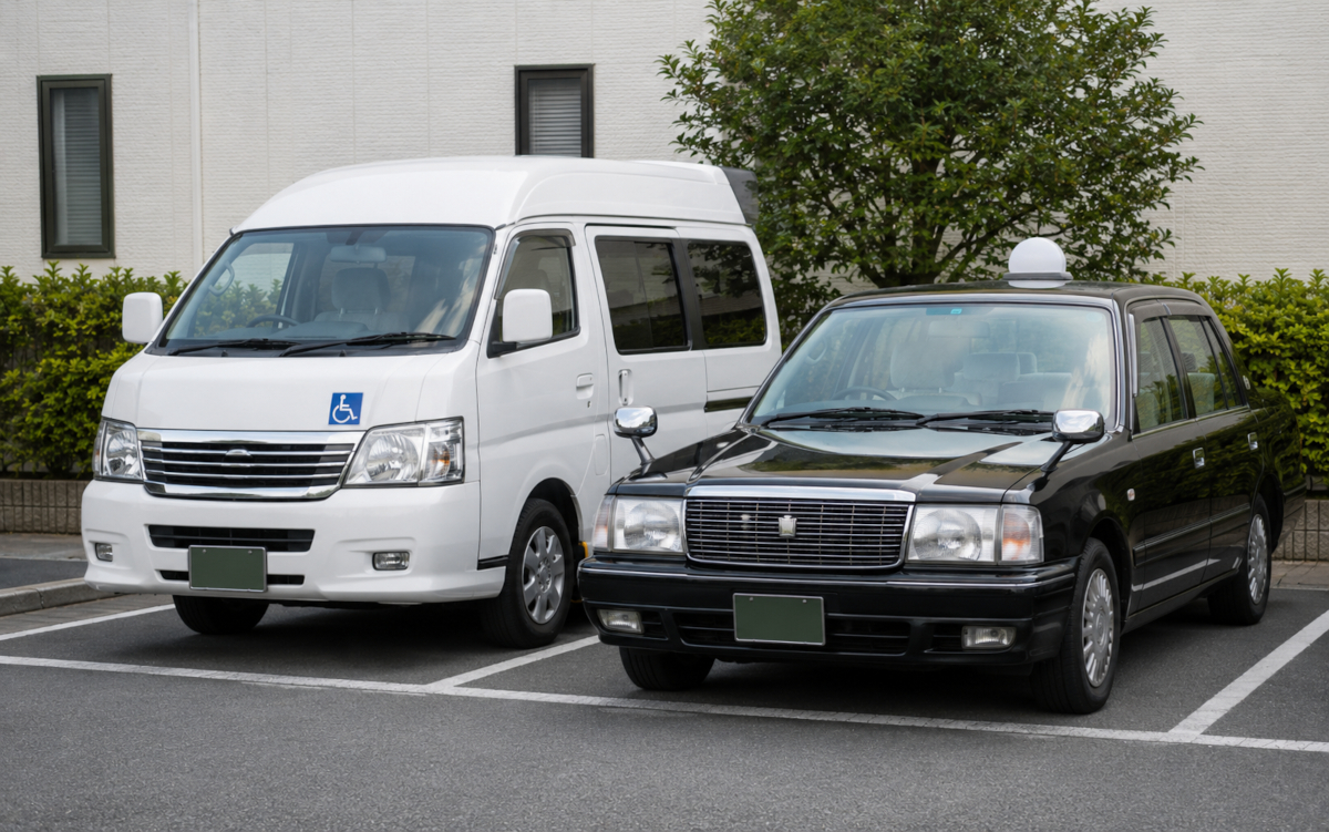 介護タクシーと一般タクシーが並んで停車している様子