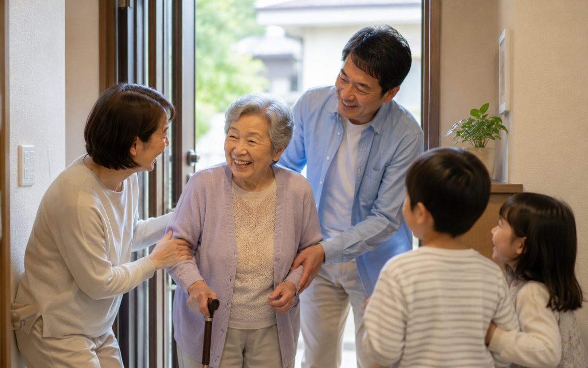 施設から一時帰宅し自宅で家族と過ごす高齢者