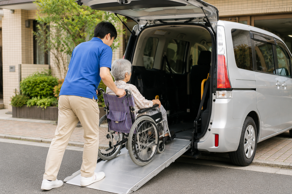 車椅子のままスロープを使って介護タクシーに乗り込む様子